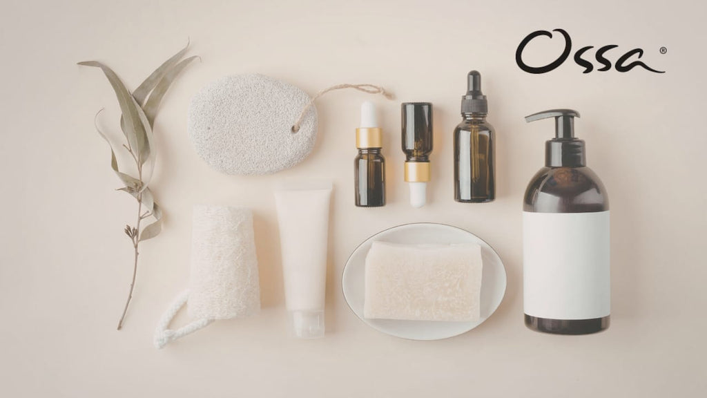Organic skincare products displayed on wooden vanity