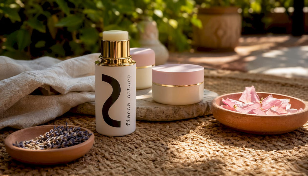 Natural moisturiser products styled with linens and honey