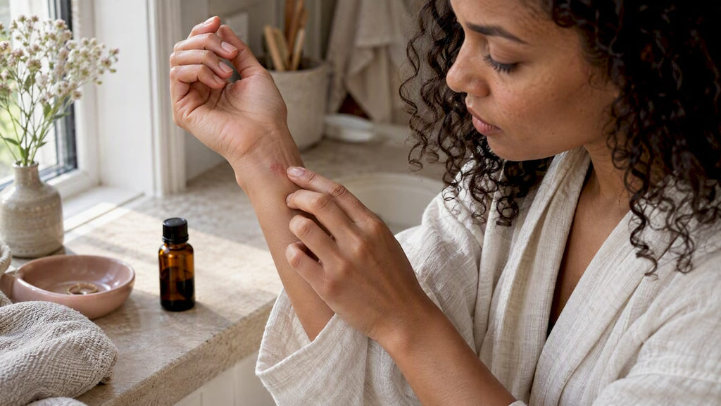 Mild wrist irritation beside an essential oil bottle