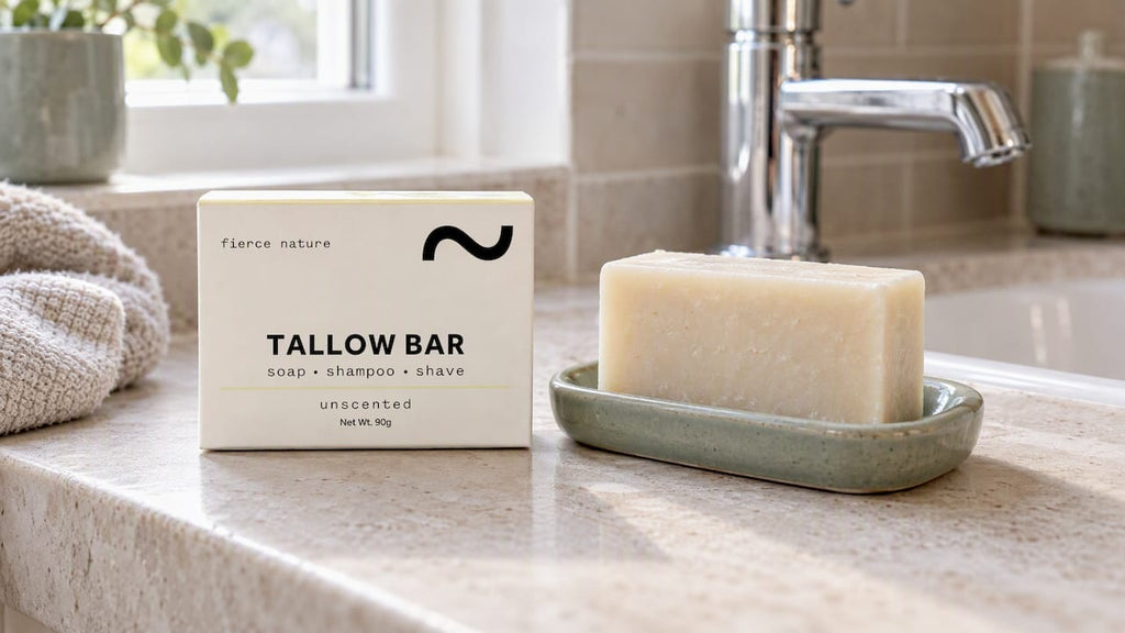 Tallow and goat milk soap bars side by side