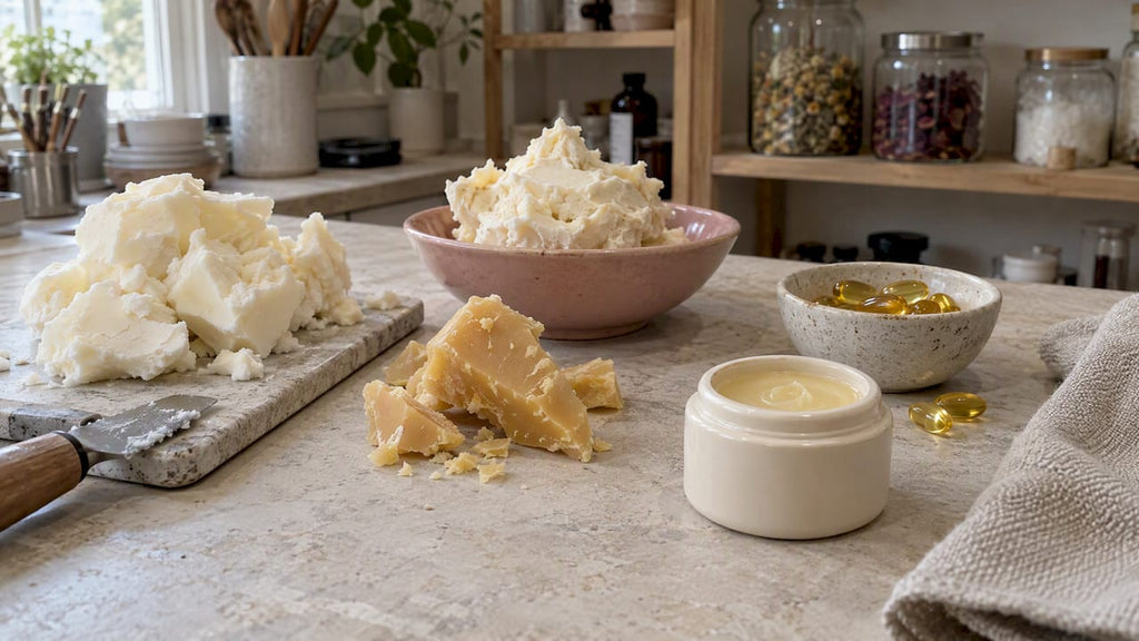 Tallow balm ingredients arranged beside a finished balm