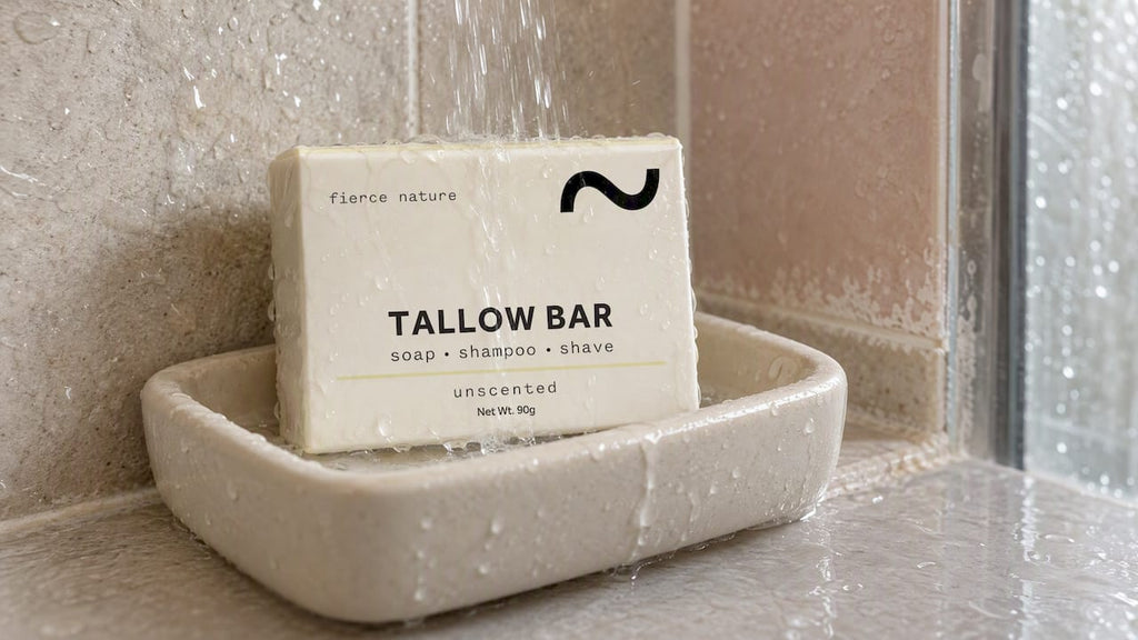 Unscented tallow soap rinsed under water